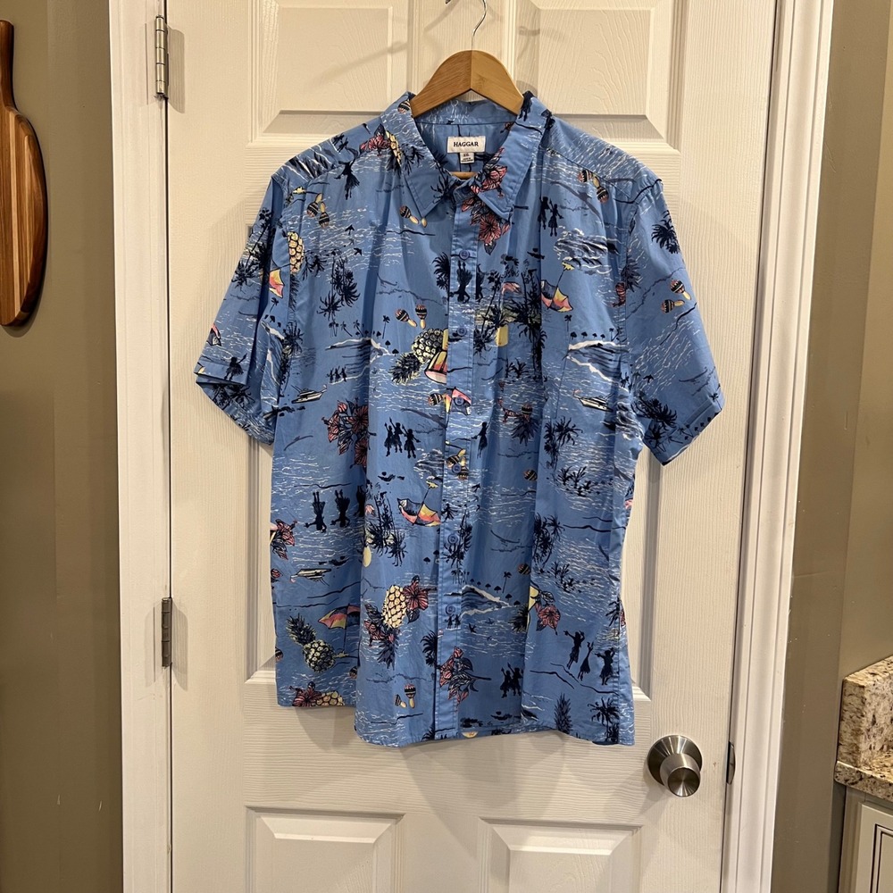 Haggar Mens XXL Blue Tropical Island Hula Pineapple Cotton Button Up Shirt